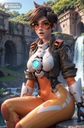 1girls ai_generated artist_name blizzard_entertainment bodysuit bomber_jacket breasts brown_eyes brown_hair brown_jacket building chest_harness day gloves goggles harness hi_res jacket lips looking_at_viewer medium_breasts orange_bodysuit orange_goggles outdoors overwatch overwatch_2 parted_lips r34arts short_hair sitting sleeves_rolled_up solo spiked_hair tracer tracer_(overwatch) vambraces water watermark web_address