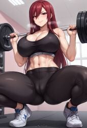 ai_generated armpit_fetish armpits ass ass_focus big_ass big_breasts big_hips black_pants black_topwear cameltoe erza_scarlet fairy_tail female female_focus female_only gym gym_uniform huge_breasts kikia1 long_hair nsfw patreon red_hair skindentation sports_bra squatting tagme