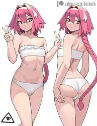 1boy ass_focus ass_grab astolfo_(fate) bikini crossdressing donburikazoku fate_(series) femboy otoko_no_ko pink_eyes pink_hair pose posing sissy solo trap underwear white_bra white_panties