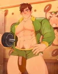 alex_(stardew_valley) bara big_chest big_cock big_muscles brown_hair gay green_eyes jockstrap rapbitan stardew_valley tagme