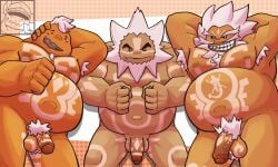 5_fingers absurd_res armpit_hair balls beard belly big_breasts body_hair breasts breath_of_the_wild chest_hair darunia facial_hair fingers fur gay genitals goron group hi_res humanoid lord_daruk male male/male monsterfurryr34 muscular muscular_arms nintendo nipples not_furry notched_ear nude ocarina_of_time penis pubes simple_background spread_legs spreading tattoo tears_of_the_kingdom teeth teeth_showing the_legend_of_zelda trio white_body white_fur yunobo