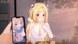 1boy 1girls 3d aki_rosenthal areolae belly_button blonde_hair blowjob blue_eyes blush breasts cleavage condoms cum cum_in_pussy cum_inside english_text fellatio filled_condoms head_grab hololive hololive_gen_1 hololive_japan huge_breasts indoors light-skinned_female light-skinned_male light_skin mw9 nipples nose_blush penetration penis phone pov room seductive sex smartphone sound tagme text tissue tissue_box used_condoms vaginal_penetration video virtual_youtuber