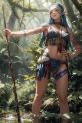 1girls ai_generated blue_eyes blue_hair elf elf_ears elf_female female hi_res highres jungle long_hair native original_character pixai primitive solo spear tribal_markings