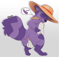 anthro anus backsack balls canid canine claws closed_eyes clothing fur genitals hat headgear headgear_only headwear headwear_only hi_res male male_anthro male_only mammal mostly_nude presenting procyonid purple_body purple_fur raccoon raccoon_dog rear_view slightly_chubby smile snaccoon solo standing straw_hat sun_haven tanuki xenoyia