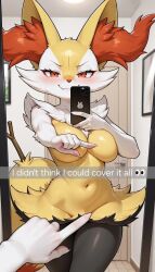 1girls 5_fingers ai_generated anthro arms_on_breasts big_breasts braixen breasts covering_nipples covering_pussy female heat holding_phone horny horny_female indoors looking_at_viewer mirror mirror_reflection navel nude one_finger_selfie_challenge photo pokemon pokemon_(species) reflection seductive seductive_look selfie serbm smiling smiling_at_viewer smirk solo standing text thighs