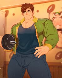 alex_(stardew_valley) bara big_chest big_cock big_muscles brown_hair gay green_eyes rapbitan stardew_valley tagme