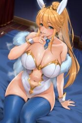 arm_support artoria_pendragon artoria_pendragon_(fate) blue_thighhighs bunny_girl bunnysuit cutout fate/grand_order fate_(series) fur_trim in_heat large_breasts navel sitting_on_bed sweat sweaty