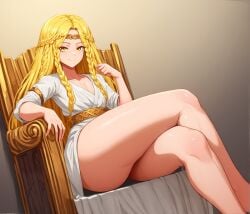 1boy ai_generated big_ass big_butt blonde_hair braid crossed_legs cute_face elden_ring femboy girly gold_jewelry looking_at_viewer male male_only miquella sitting smile solo thick_thighs white_robe wide_hips zorg98