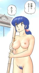 1girls artist_request blue_hair blue_pubic_hair breasts broom curvaceous female human japanese_text kyoko_otonashi large_breasts light-skinned_female light_skin long_hair maison_ikkoku nipples nude pubic_hair solo standing text