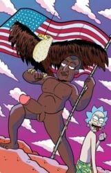 adult_swim beach blue_hair dark-skinned_male disgusted eagle edit flag holding_flag nude penis president_curtis rick_and_morty rick_sanchez smug_face swimwear tagme tagme_(artist)