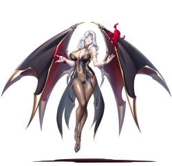 2023 bare_shoulders black_dress bodysuit breasts cara_cromwell cara_the_blood_lord cleavage cleavage_cutout clothing_cutout covered_navel curly_hair demon_wings dress female full_body highres huge_breasts kagami_hirotaka large_breasts long_hair looking_at_viewer navel revealing_clothes sleeveless solo taimanin_(series) taimanin_rpgx vampire white_hair wings