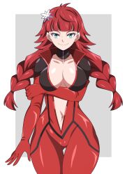 bodysuit breasts cleavage cosplay green_eyes hips latex_suit lucy_montgomery motorcycle_suit ornament pale_skin red_hair smile twin_braids