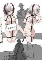 1girls 2boys arknights auction bondage bound fangs female horns inspection nipple_piercing red_eyes sex_slavery sketch slave slave_auction slavegirl sold_to_slavery w_(arknights) whate=3r