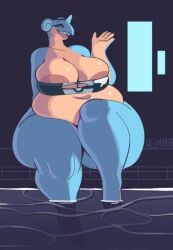 anthro big_breasts blue_skin chubby_female female_only generation_1_pokemon horn lapras night pokemon_(species) pool thick_thighs visible_nipples welwraith