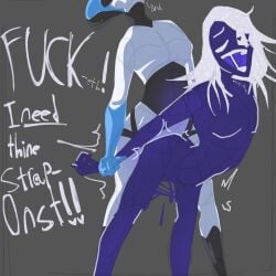 ambiguous_fluids arms_held_back blank_background bodily_fluids deltarune english_text face_out_of_frame female_on_top goo_humanoid heart-shaped_pupils male/female messy_hair open_mouth pegging purple_body queen_(deltarune) robot rouxls_kaard shaded simp_draws sketch_lines strap-on text white_hair