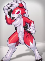 anthro bodysuit brown_latex bulge canid canine chest_tuft claws clothing detailed_bulge digitigrade dusk_lycanroc finger_claws generation_7_pokemon hi_res latex latex_bodysuit latex_clothing latex_skinsuit lycanroc male mammal nintendo painted_on_eyes pokemon pokemon_(species) red_eyes red_latex shio_inu skinsuit solo tight_clothing tuft white_latex