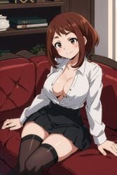 ai_generated aindroidparanoid big_breasts blush boku_no_hero_academia brobrown_hair brown_eyes huge_ass huge_breasts large_ass large_breasts my_hero_academia narrow_waist ochako_uraraka office_lady official_alternate_costume shirt short_hair skirt stable_diffusion wide_hips