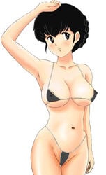 1girls 2003 bikini black_hair blush breasts cameltoe female highleg highleg_bikini highleg_swimsuit highres human kyoko_otonashi large_breasts light-skinned_female light_skin long_hair looking_at_viewer maison_ikkoku micro_bikini mound_of_venus nipple_slip nipples short_hair smile solo standing swimsuit tagme tied_hair tsukiyo_no_ribbon white_background