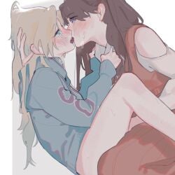 2girls blonde_hair blue_eyes blue_hair blue_hoodie blush brown_hair clothing_cutout collared_shirt commentary dress dress_shirt ear_blush eye_contact fingering french_kiss from_side fujishima_megumi gradient_hair hair_down hand_on_another&#039;s_head highres hood hoodie kissing light_blue_hair link!_like!_love_live! long_hair looking_at_another love_live! multicolored_hair multiple_girls no_pants nose_blush official_alternate_costume official_alternate_hairstyle orange_dress osawa_rurino parted_bangs pinafore_dress platunoy_787 profile purple_eyes shirt shoulder_cutout sleeveless sleeveless_dress sweat trembling two_side_up virtual_youtuber white_shirt yuri