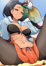 1girls bayeuxman big_breasts black_hair bra brown_eyes clothed clothing color female female_focus female_only game_freak hi_res large_breasts light-skinned_female light_skin long_hair looking_at_viewer nemona_(pokemon) nintendo pokeball pokemon pokemon_sv pokemon_trainer pussy_visible_through_clothes solo solo_female tagme thick_thighs