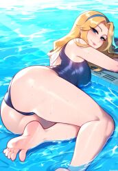 ai_generated anemoi ass blue_eyes feet laying_down league_of_legends luxanna_crownguard pool poolside riot_games smile swimsuit water watermark