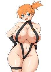 1girl :d alternate_breast_size areola_slip armpits ass asymmetrical_hair bare_legs bare_shoulders black_gloves black_one-piece_swimsuit blue_eyes blush breast_slip breasts cleavage collarbone covered_erect_nipples cowboy_shot creatures_(company) curvy female_focus fingerless_gloves game_freak gen_1_pokemon gloves gym_leader hand_on_own_hip huge_breasts kasumi_(pokemon) large_breasts legs legs_together looking_at_viewer misty_(pokemon) navel nintendo nipples one-piece_swimsuit open_mouth orange_hair pokemon pokemon:_the_electric_tale_of_pikachu ponytail shiny_skin shirt short_hair side_ponytail simple_background skindentation slingshot_swimsuit smile solo standing swimsuit thick_thighs thigh_strap thighs wardrobe_malfunction white_background wide_hips yamaori