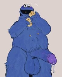 balls bebebebebe big_penis blue_body blue_fur bodily_fluids cookie cookie_monster dripping eating food foreskin fur genital_fluids genitals hi_res male male_only monster nude penis precum precum_drip sesame_street solo