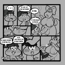 anthro balls big_breasts birdo blush bodily_fluids breasts comic degooed dialogue duo female foreskin genital_fluids genitals goomba goombette_(concept_art) gynomorph hand_on_head hi_res huge_breasts intersex intersex/female mario_(series) nintendo nipples oral penis precum size_difference smoking speech_bubble tagme