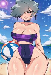 1girls ai_generated beach beach_ball bikini black_nails breasts choker cleavage cross_earrings female grey_hair lips shiny_skin strapless sunny sweat thick_thighs thigh_gap