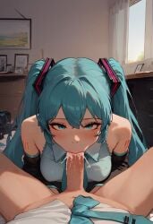 ai_generated arm_tattoo artist_name blowjob blush brasao cum_in_mouth cumshot faceless_male fellatio hair_ornament hatsune_miku looking_at_viewer makeup medium_breasts pov pov_eye_contact shirt sleeveless twintails