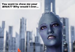 1boy 1girls 3d big_balls big_penis blue_skin dark-skinned_male dialogue female generalpizza liara_t'soni mass_effect nude nude_female penis