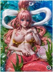 ai_generated big_breasts embarrassed female female_only kawaii mermaid mermaid_girl mermaid_tail nipples one_piece pink_hair shirahoshi yametastudio