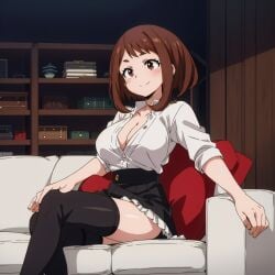 ai_generated aindroidparanoid big_breasts blush boku_no_hero_academia brobrown_hair brown_eyes huge_ass huge_breasts large_ass large_breasts my_hero_academia narrow_waist ochako_uraraka office_lady official_alternate_costume shirt short_hair skirt stable_diffusion wide_hips