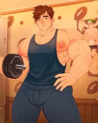 alex_(stardew_valley) bara big_chest big_cock big_muscles brown_hair gay green_eyes male_only rapbitan stardew_valley tagme