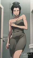 1girls ai_generated avatar_the_last_airbender azula bathroom black_hair cleavage female hairpin hi_res highres indoors pixai scowl solo towel wet yellow_eyes