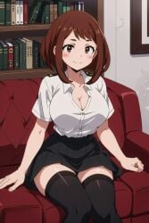 ai_generated aindroidparanoid big_breasts blush boku_no_hero_academia brobrown_hair brown_eyes cleavage huge_ass huge_breasts large_ass large_breasts my_hero_academia narrow_waist ochako_uraraka office_lady official_alternate_costume shirt short_hair skirt stable_diffusion wide_hips
