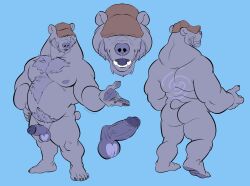 anthro bear belly clothing genitals hat headgear headwear hi_res igiveyoulemons male mammal nipples pecs penis purple_body solo timber_(timbearr)