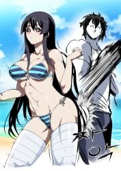 1boy 1girls 2024 2d 2d_(artwork) abs adult adult_and_teenager adult_male age_difference beach bikini black_hair black_sclera blush breasts cleavage female female_abs hime_cut kengan_(series) kengan_ashura kure_karla light-skinned_female light_skin long_hair male mangadochi medium_breasts motion_lines muscular muscular_female muscular_male nipple_bulge no_sex official_alternate_costume older_male outdoors outside pale-skinned_female pale_skin realistic_breast_size realistic_proportions sexual_harassment shimapan slap slapping_butt spanked spanking spanking_ass straight_hair striped_bikini surprised swimsuit thighhighs tokita_ohma toned toned_female white_eyes white_legwear young_man young_woman younger_female