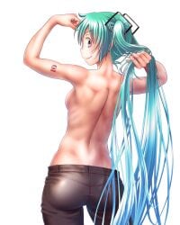 1girls ass backboob breasts female hatsune_miku jeans tagme topless vocaloid wokada