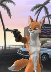 5_fingers 80's_theme animal_genitalia anthro beach brown_eyes canid canine canine_genitalia car fingers fox genitals grand_theft_auto grand_theft_auto:_vice_city gun handgun hi_res holding_object holding_weapon male male_only mammal nude ranged_weapon restaurant revolver rockstar_games smile smiling_at_another solo vehicle weapon wolfyalex96