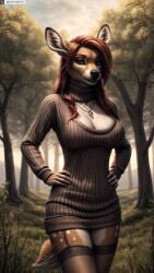 ai_generated animal_ears anthro artist_name breasts brown_hair cleavage day female female_anthro furry furry_female garter_straps hands_on_hips hi_res high_resolution highres jewelry large_breasts long_hair nature necklace outdoors photorealistic realistic red_hair ribbed_sweater solo stable_diffusion sweater tail thighhighs tree twitter twitter_username watermark yiffyjiffy2 yiffyjiffy69