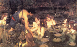 1boy 6+girls 7girls art fine_art greek_mythology hydriade hylas john_william_waterhouse mythology naiad nymph straight_hair