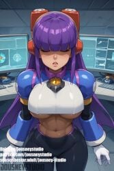 ai-created android bangs blunt_bangs blush bodysuit breasts clothing computer dark-skinned_female dark_skin desk facing_viewer female female gloves headgear headset hime_cut indoors jousneystudio keyboard_(computer) large_breasts layer lips long_hair looking_at_viewer mega_man mega_man_x monitor navel open_mouth parted_lips patreon_username purple_hair robot robot_ears solo text underboob white_gloves