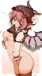 absurdres animal_ears ass bird_ears bird_wings breasts brown_dress brown_thighhighs dress female_masturbation hagure_kedama hand_on_own_chest hand_on_own_crotch highres masturbation medium_breasts mystia_lorelei pink_hair purple_eyes sharp_nails sleeve_garter sweat thighhighs touhou trembling white_wings winged_hat wings