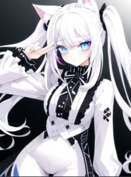 ai_generated blue_eyes cameltoe catgirl clothed hollyn_(character) looking_at_viewer plaid skirt white_hair