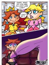 1boy 2girls balls big_penis blonde_hair blue_eyes breasts clothing couch crown dialogue erection female freckles gloves huge_cock human indoors inky_guy inky_guy large_cock luigi male mario_(series) nintendo panties penis penis_focus princess_daisy princess_peach smile straight