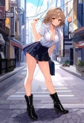 1girls, ai_generated, bags_under_eyes bare_legs black_footwear black_skirt blonde_hair blush brown_eyes brown_hair city city_background cleavage clothed clothes clothing covered_nipples eyebrows eyelashes full_body heel_boots heels high_heels legs long_hair long_legs looking_at_viewer loose_clothes medium_breasts medium_hair miniskirt nipples nipples_visible_through_clothing open_shirt original original_character school_bag school_uniform schoolgirl shiny_skin short_hair smile smiling standing street thighs white_shirt yeyehuh