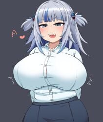 1girls alternate_breast_size blue_eyes blue_hair breasts button_down_shirt clothed clothing female gawr_gura heart hololive hololive_english hololive_myth huge_breasts light-skinned_female multicolored_hair office_lady sharp_teeth smile t_opete virtual_youtuber white_shirt