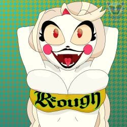 absurd_res arms_behind_head arms_up blush_stickers breasts charlie_morningstar_(hazbin_hotel) cleavage fangs female gradient gradient_background hazbin_hotel hi_res large_breasts open_mouth rogue_(artist) self_upload smile solo strapless teeth tongue