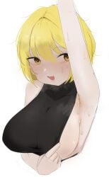 1girls arm_up armpits big_breasts blonde_hair blush don_quixote_(limbus_company) limbus_company lol_(43150276) looking_at_viewer open_mouth partially_clothed presenting project_moon short_hair smile solo standing sweat white_background yellow_eyes